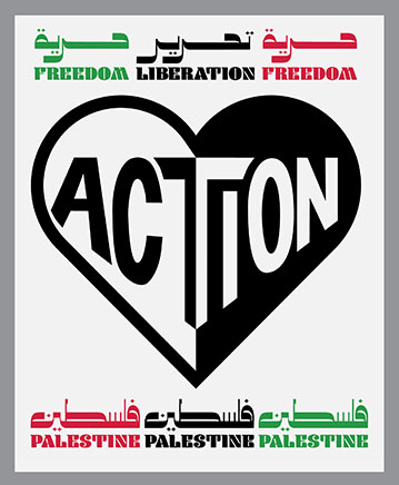 ACTION HEART Banner, For Palestine, Relief printed by hand using Magic Alphabet Wood Blocks on  white   fabric by Miles Glyn  1230mm x 1520mm