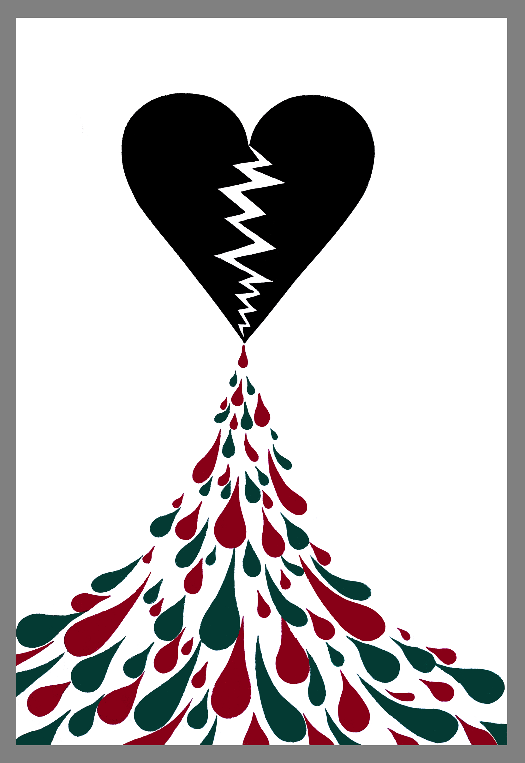 HEART Bleeding Banner, For Palestine, Relief printed by hand using Wood Blocks on white by Miles Glyn    920mm x 1340mm