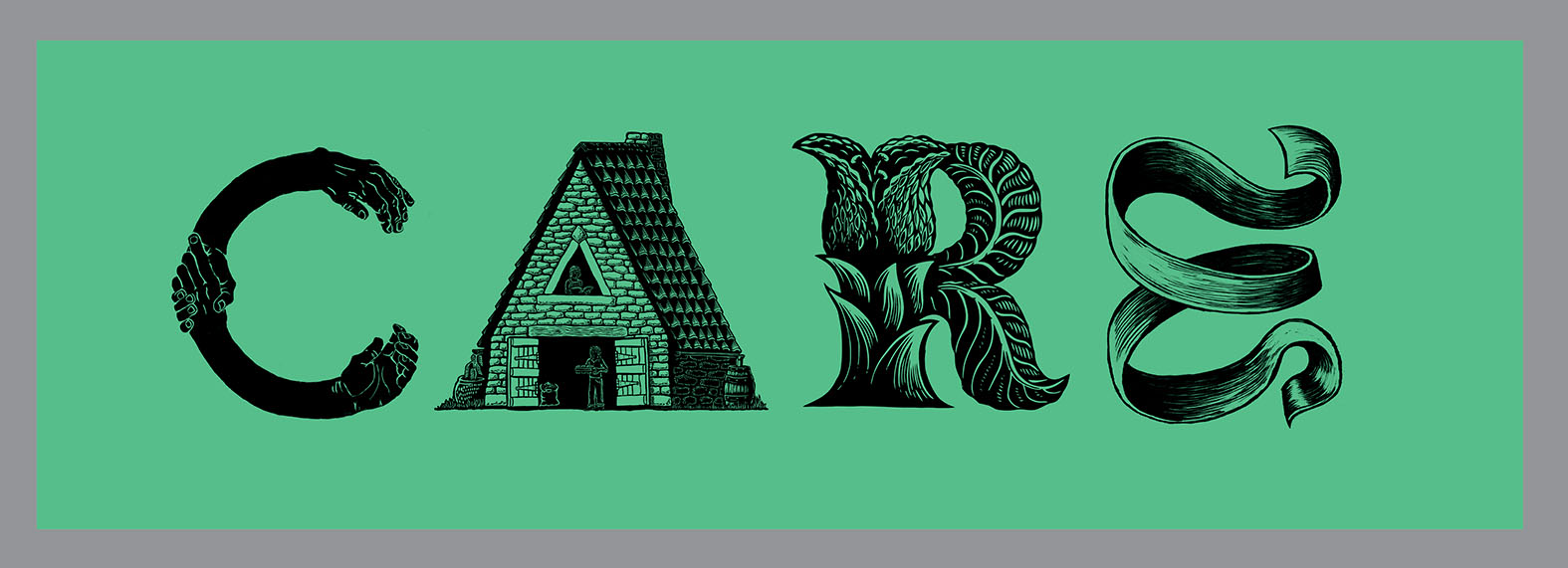 CARE Banner, Relief printed by hand using Magic Alphabet Wood Blocks on green fabric by Miles Glyn 3160mm x 1040mm