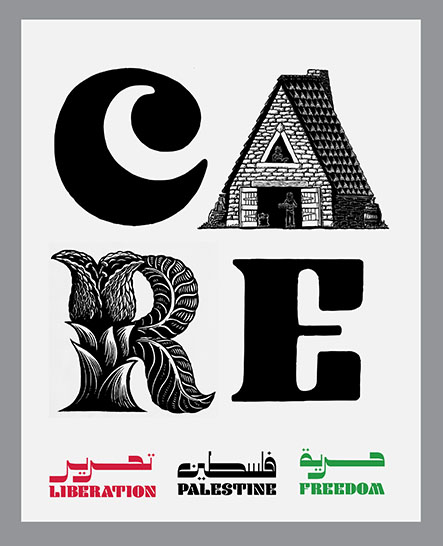 CARE Banner, Relief printed by hand using Magic Alphabet Wood Blocks on white fabric by Miles Glyn-Palestine 1480mm x 1860mm
