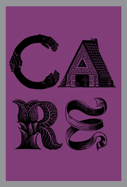 CARE Banner, Relief printed by hand using Magic Alphabet Wood Blocks on maroon fabric by Miles Glyn 1400mm x 2110mm