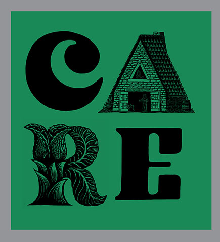 CARE  Banner, early type, Relief printed by hand using Magic Alphabet Wood Blocks on emerald fabric by Miles Glyn  1470mm x 1600mm