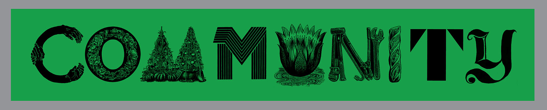 COMMUNITY Banner, Relief printed by hand using Magic Alphabet Wood Blocks on green fabric by Miles Glyn 5960mm x 1050mm