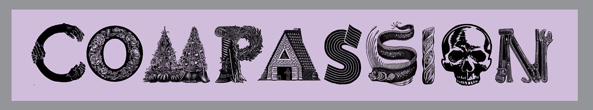 COMPASSION Banner, Relief printed by hand using Magic Alphabet Wood Blocks on light-purple fabric by Miles Glyn 6360mm x 1030mm