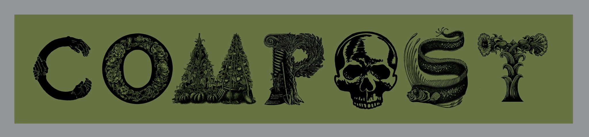 COMPOST Banner, Relief printed by hand using Magic Alphabet Wood Blocks on olive fabric by Miles Glyn olive 5020mm x 980mm