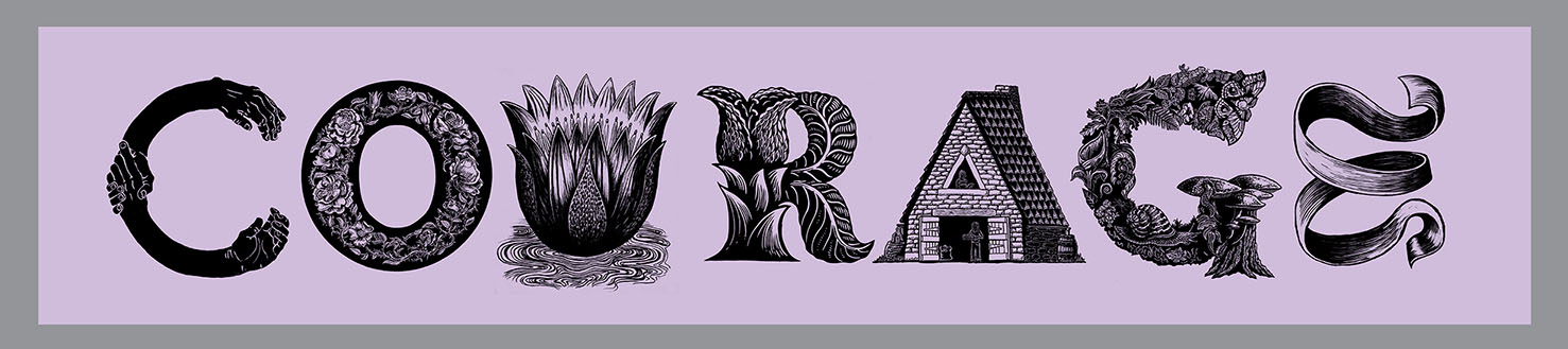 COURAGE Banner, Relief printed by hand using Magic Alphabet Wood Blocks on  light-purple  fabric by Miles Glyn 4960mm x990mm