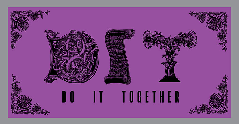 DO IT TOGETHER Banner, horizontal  Banner, Relief printed by hand using Magic Alphabet Wood Blocks on purple  fabric by Miles Glyn 2590mm x 1280mm