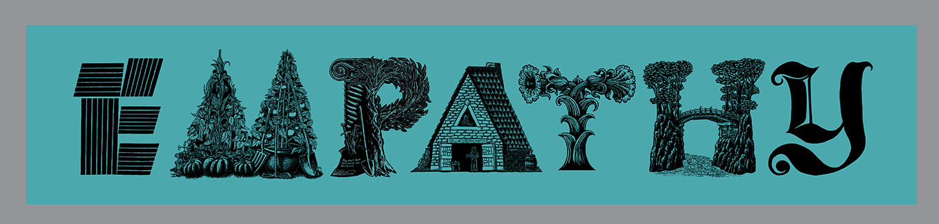 EMPATHY Banner, Relief printed by hand using Magic Alphabet Wood Blocks on duck-egg  fabric by Miles Glyn 4800mm x 970mm