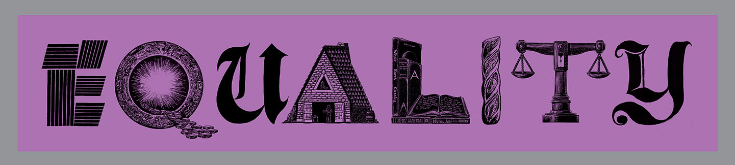EQUALITY Banner, Relief printed by hand using Magic Alphabet Wood Blocks on purple  fabric by Miles Glyn  5110mm x 1000mm