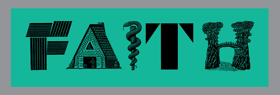 FAITH Banner, Relief printed by hand using Magic Alphabet Wood Blocks on turquoise  fabric by Miles Glyn  3260mm x1000mm
