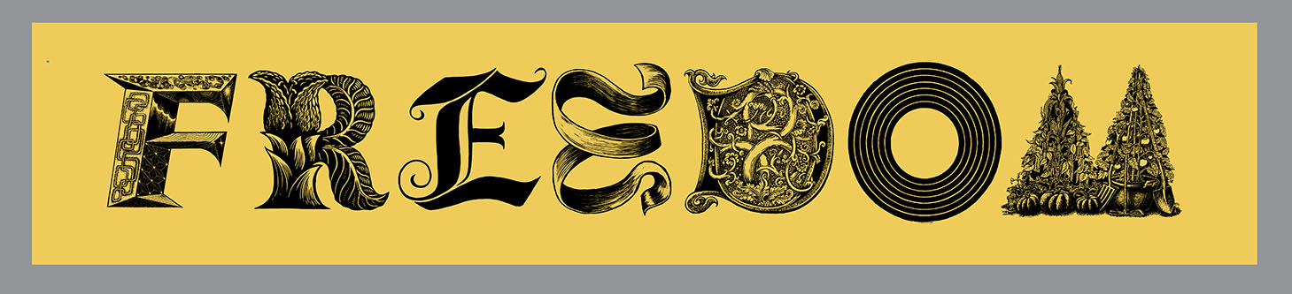 FREEDOM  Banner, Relief printed by hand using Magic Alphabet Wood Blocks on custard-yellow  fabric by Miles Glyn  5150mm x 1020mm