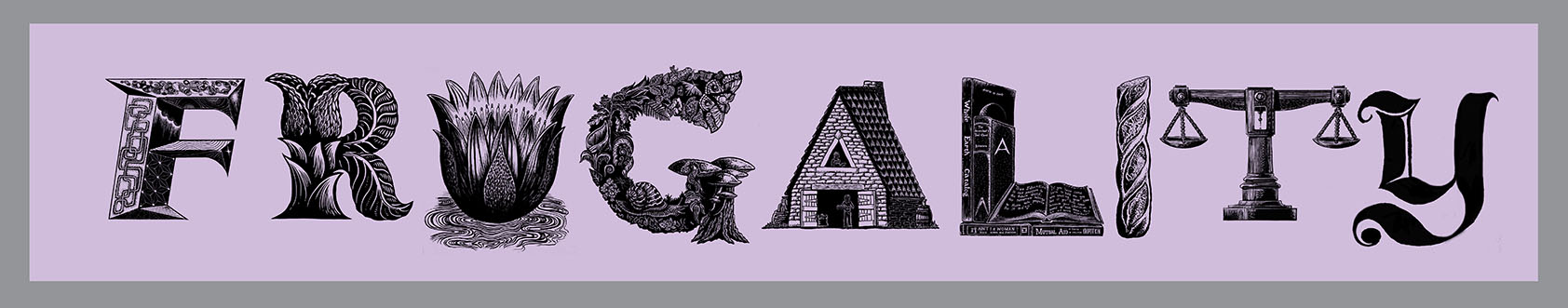 FRUGALITY Banner, Relief printed by hand using Magic Alphabet Wood Blocks on light-purple  fabric by Miles Glyn 6030mm x 1030mm