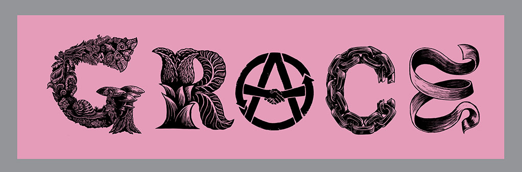 GRACE Banner, Relief printed by hand using Magic Alphabet Wood Blocks on light-pink  fabric by Miles Glyn  light 3490mm x 1030mm