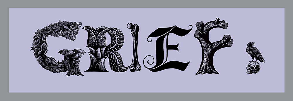 GRIEF Banner, Relief printed by hand using Magic Alphabet Wood Blocks on purple-grey  fabric by Miles Glyn 3500mm x 1080mm