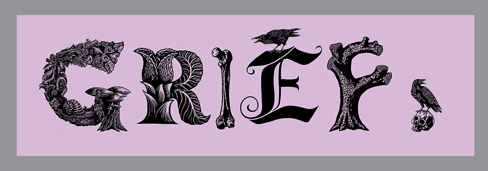 GRIEF Banner, Relief printed by hand using Magic Alphabet Wood Blocks on  pink-grey    fabric by Miles Glyn   3500mm x 1080mm