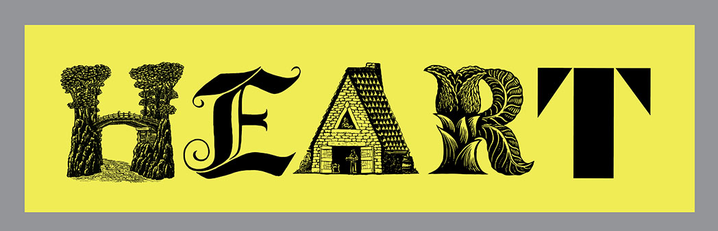 HEART  Banner, Relief printed by hand using Magic Alphabet Wood Blocks on  acid-yellow    fabric by Miles Glyn  3580mm x 1000mm