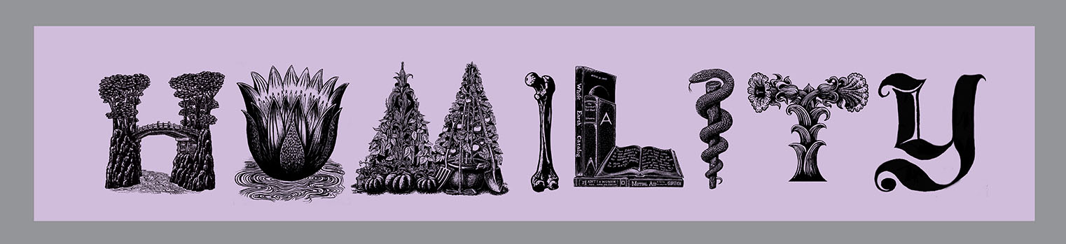 HUMILITY Banner, Relief printed by hand using Magic Alphabet Wood Blocks on  light-purple    fabric by Miles Glyn   5230mm x1020mm