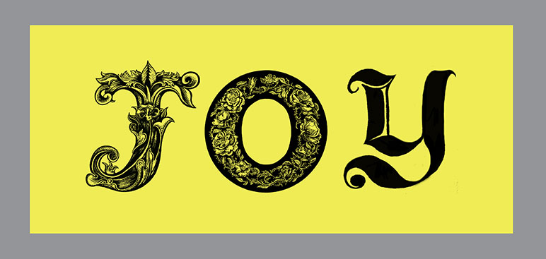 JOY  Banner, Relief printed by hand using Magic Alphabet Wood Blocks on  acid-yellow    fabric by Miles Glyn     2500mm x 920mm