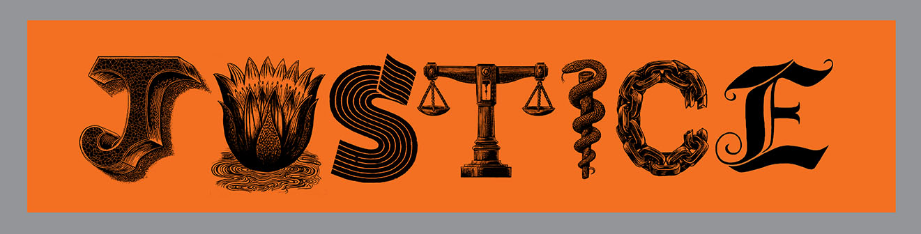 JUSTICE Banner, Relief printed by hand using Magic Alphabet Wood Blocks on orange   fabric by Miles Glyn  4560mm x 1010mm