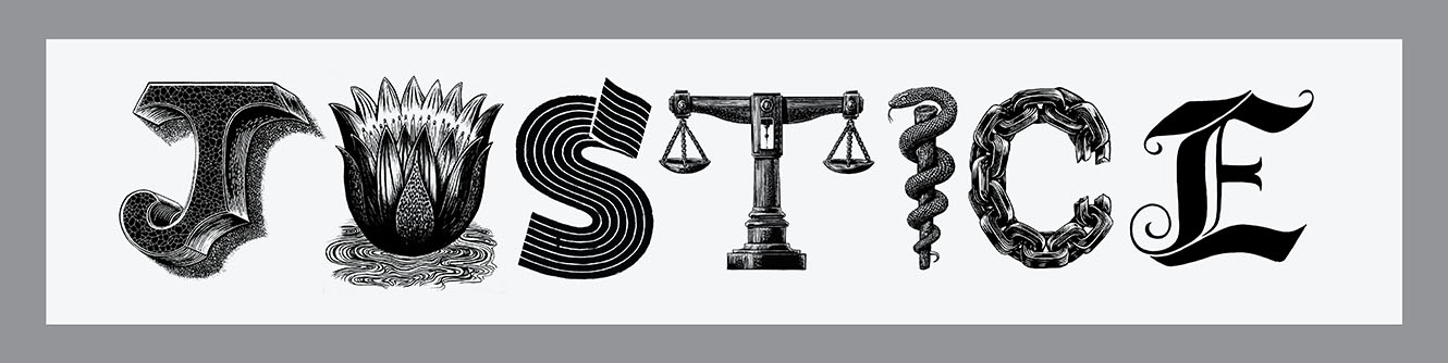 JUSTICE Banner, Relief printed by hand using Magic Alphabet Wood Blocks on  white   fabric by Miles Glyn   4560mm x 960mm