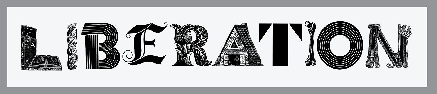 LIBERATION  Banner, Relief printed by hand using Magic Alphabet Wood Blocks on  white   fabric by Miles Glyn    5840mm × 1120mm