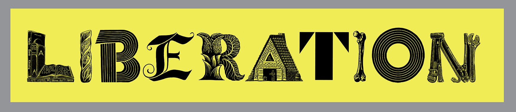 LIBERATION  Banner, Relief printed by hand using Magic Alphabet Wood Blocks on acid-yellow   fabric by Miles Glyn      6040mm x1150mm