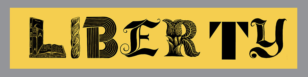 LIBERTY  Banner, Relief printed by hand using Magic Alphabet Wood Blocks on  custard-yellow  fabric by Miles Glyn    5840mm × 1120mm