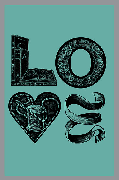 LOVE Banner,square-type,  Relief printed by hand using Magic Alphabet Wood Blocks on duck-egg    fabric by Miles Glyn   1360mm x 2120mm