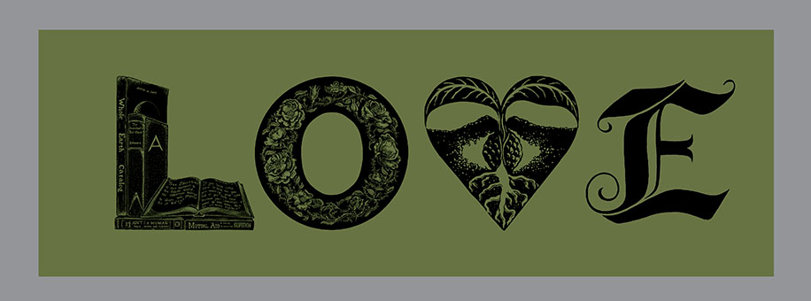 LOVE Banner, Relief printed by hand using Magic Alphabet Wood Blocks on  olive   fabric by Miles Glyn  3040mm x 1020mm