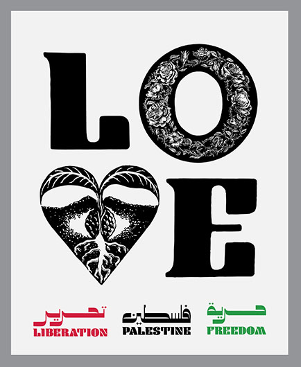 LOVE Banner, square-type, Relief printed by hand using Magic Alphabet Wood Blocks on  white   fabric by Miles Glyn  1480mm x 1840mm