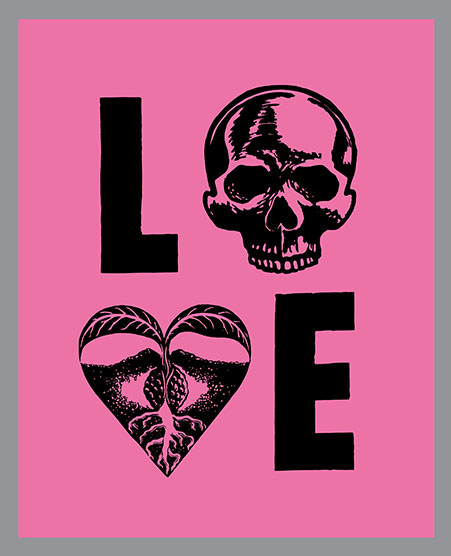 LOVE Banner,early-type, Relief printed by hand using Magic Alphabet Wood Blocks on  pink  fabric by Miles Glyn   1540mm x 1940mm