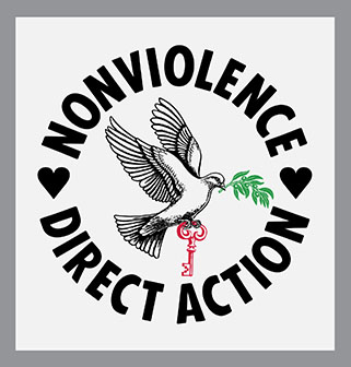 NONVIOLENCE DIRECT ACTION Banner, For Palestine, dove, Relief printed by hand using Wood Blocks on white  fabric by Miles Glyn  1120mm x 1480mm