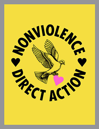 NONVIOLENCE DIRECT ACTION Banner, dove-heart, Relief printed by hand using Wood Blocks on deep-yellow   fabric by Miles Glyn  1120mm x 1480mm