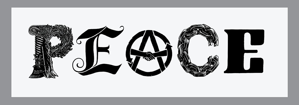 PEACE Banner, anarchy-type, Relief printed by hand using Magic Alphabet Wood Blocks on  white   fabric by Miles Glyn    white 3340mm x 1070mm