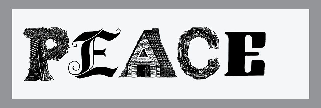 PEACE Banner, house-A-type, Relief printed by hand using Magic Alphabet Wood Blocks on  white   fabric by Miles Glyn    white 3340mm x 1070mm