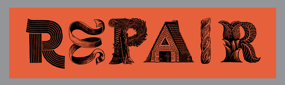 REPAIR  Banner, Relief printed by hand using Magic Alphabet Wood Blocks on  orange   fabric by Miles Glyn   3730mm x 990mm