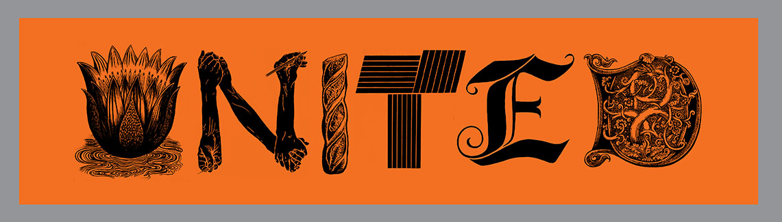 UNITED  Banner, Relief printed by hand using Magic Alphabet Wood Blocks on orange   fabric by Miles Glyn   3950mm x 1000mm