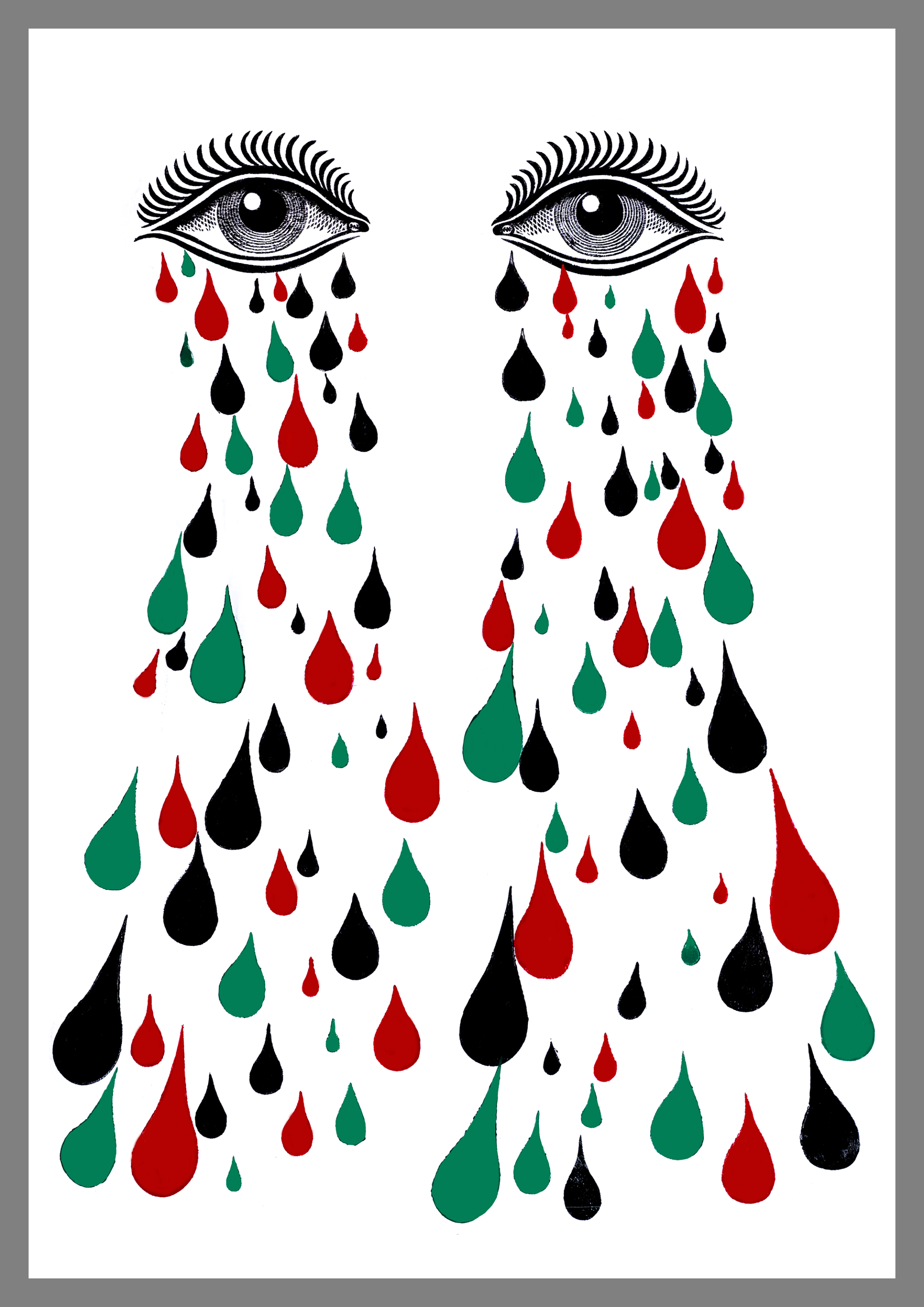 EYES CRYING Banner, For Palestine, Relief printed by hand using Wood Blocks on white  fabric by Miles Glyn  920mm x 1340mm