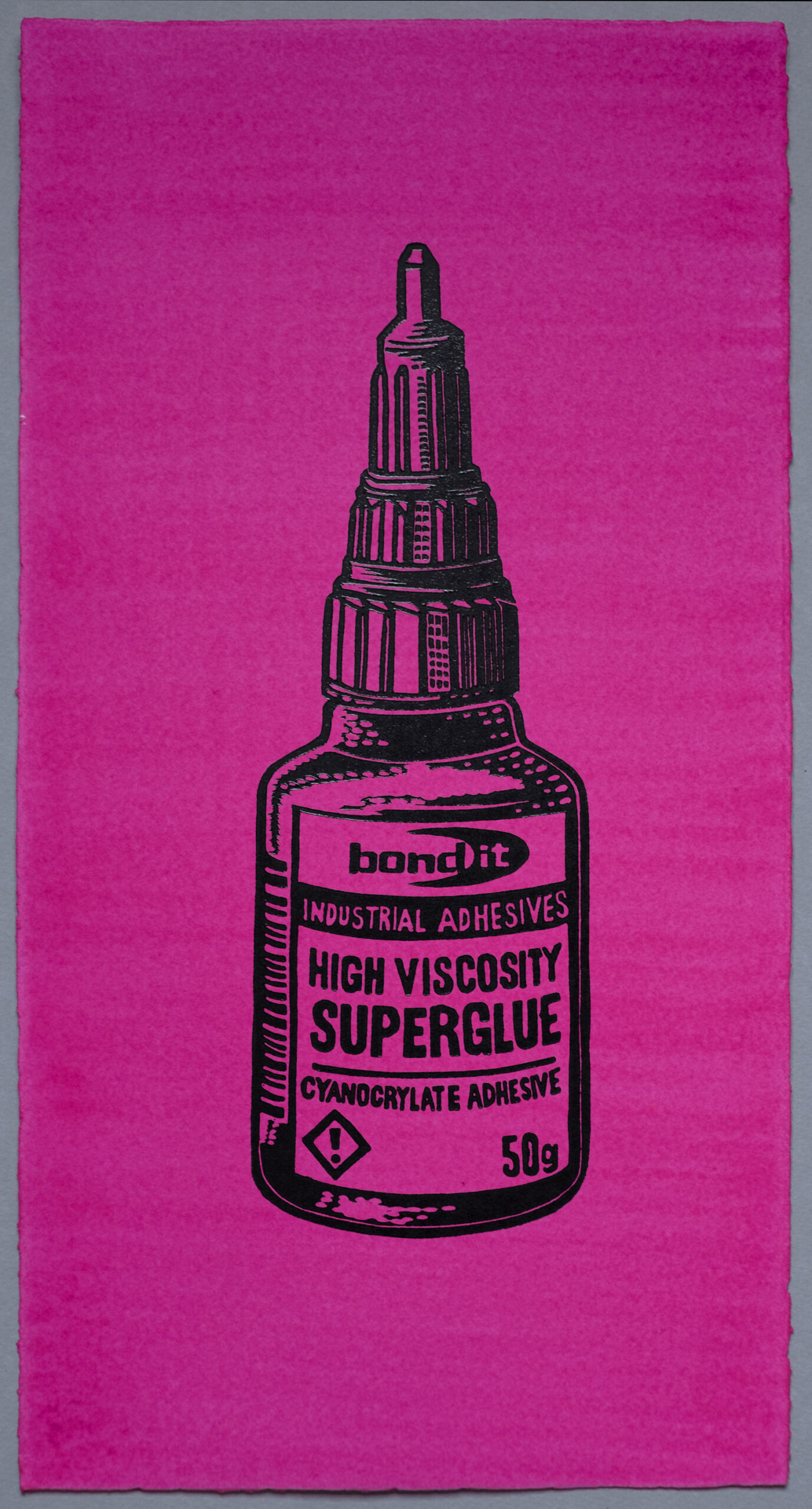 Super Glue, Lino Print on Magenta hand painted Somerset paper, by Miles Glyn Art
