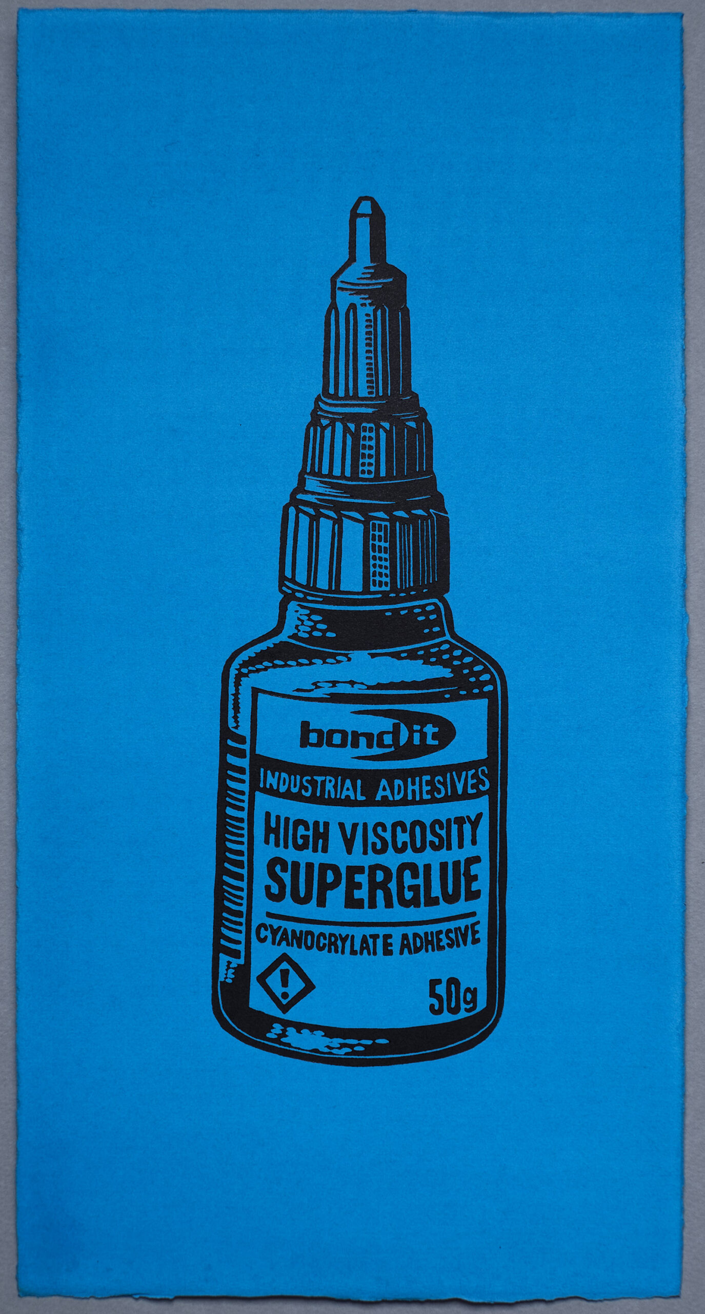 Super Glue, Lino Print on Turquoise Cyan hand painted Somerset paper, by Miles Glyn Art