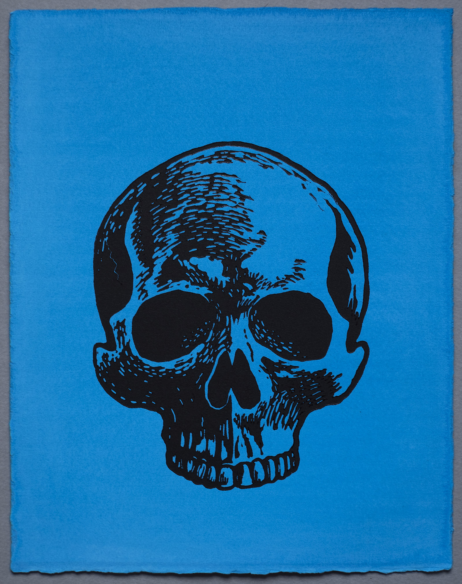 Sad Skull, Lino Print on Turquoise Cyan hand painted Somerset Paper. by Miles Glyn Art