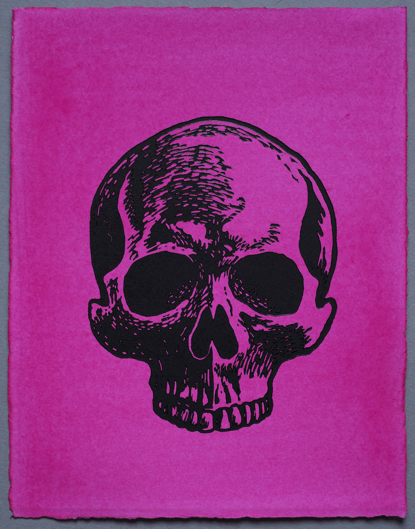 Sad Skull, Lino Print on Magenta hand painted Somerset Paper. by Miles Glyn Art 