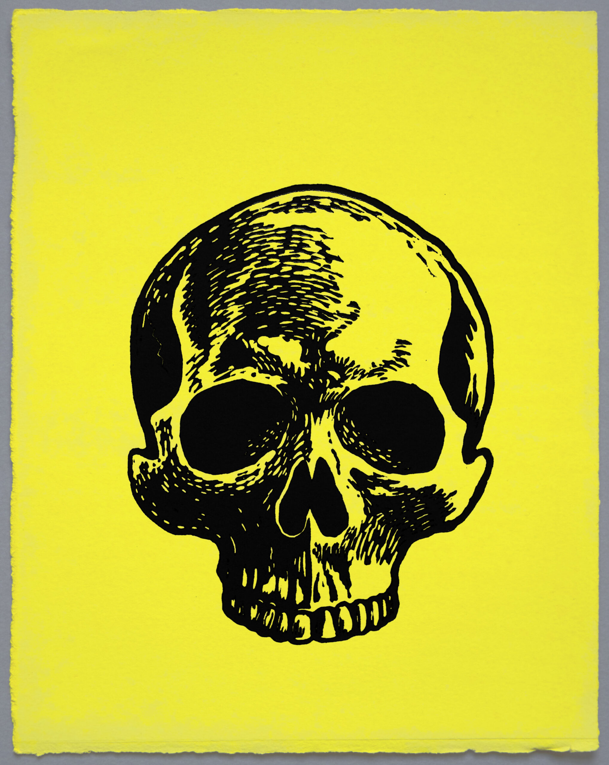 Sad Skull, Lino Print on Yellow hand painted Somerset Paper. by Miles Glyn 