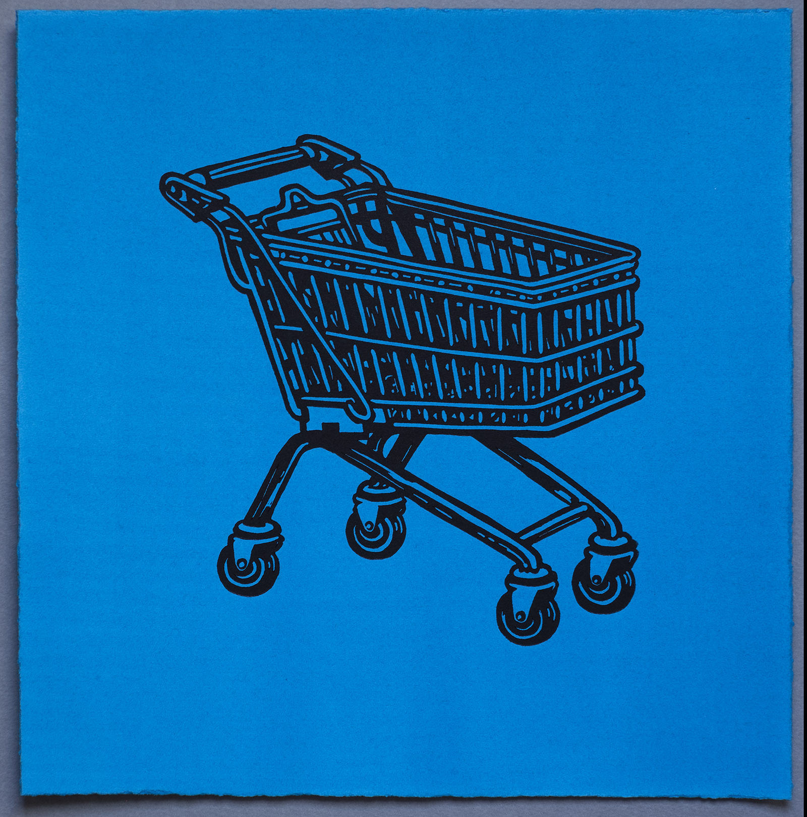 Shopping Trolley, Lino Print on Cyan Turquoise hand painted Somerset Paper, by Miles Glyn Art