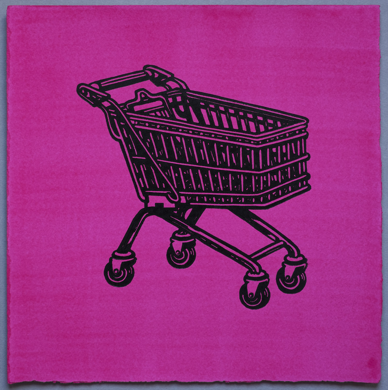 Shopping Trolley, Lino Print on Magenta hand painted Somerset Paper, by Miles Glyn Art