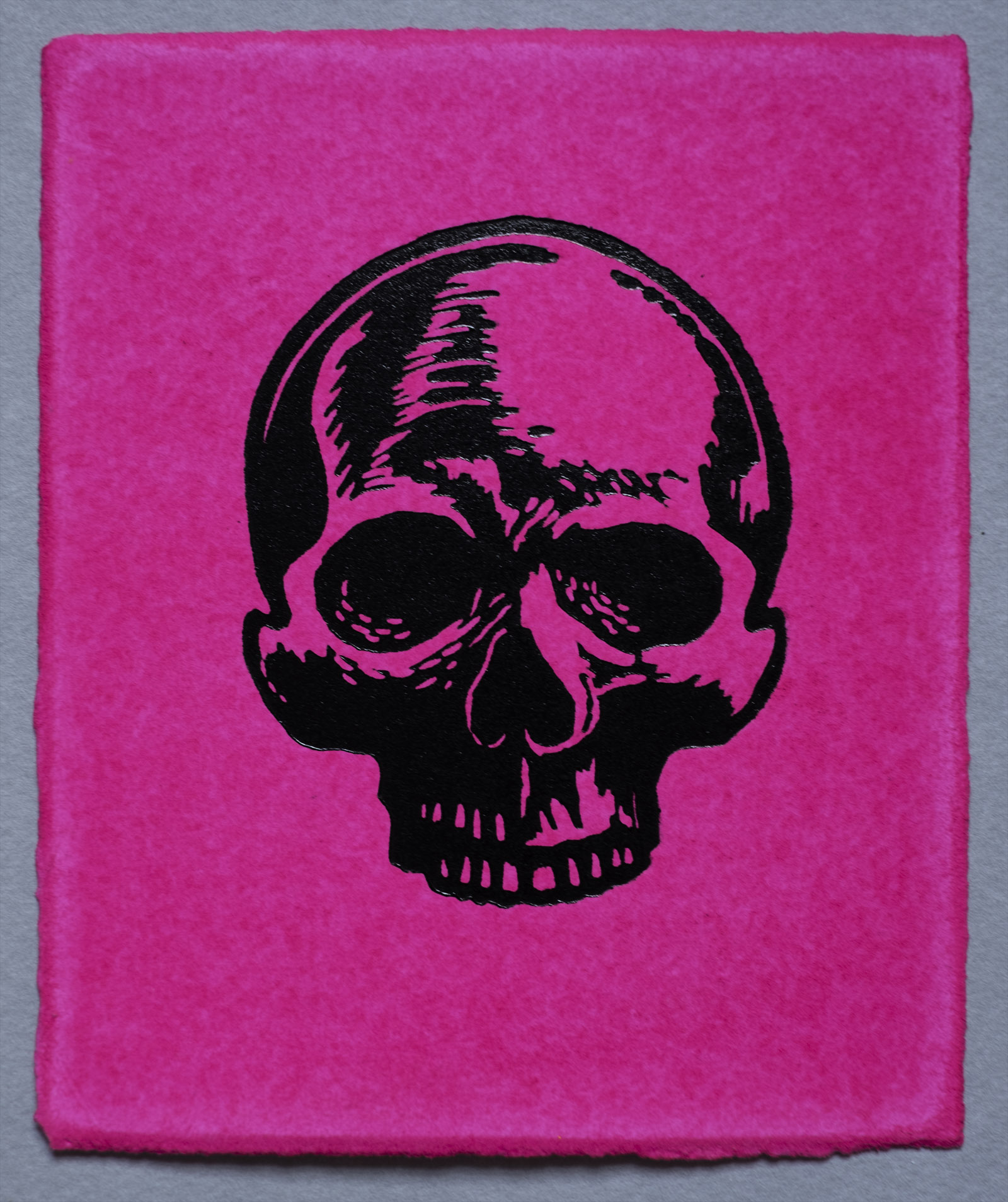 Small Skull, Lino Print on Magenta hand painted Somerset Paper. by Miles Glyn Art