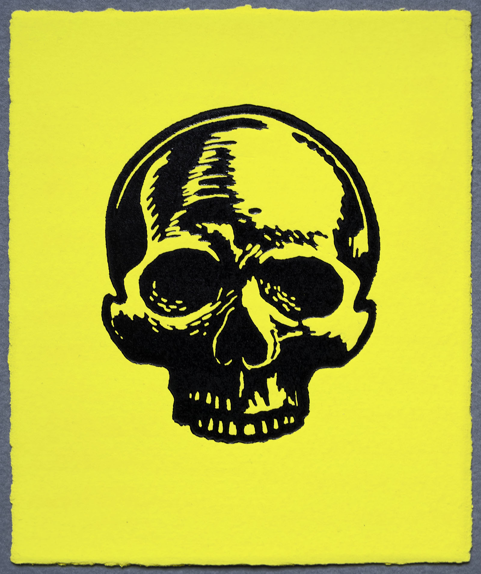 Small Skull, Lino Print on Yellow hand painted Somerset Paper. by Miles Glyn