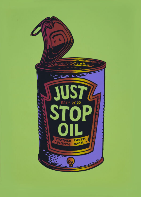 JUST STOP OIL Soup Throwers Oilers screen print Andy Warhol Climate crisis Paris68Redux XR Lino Print Lino Cut Wood Cut Art PrintMaking Extinction Rebellion Miles Glyn Artist Activist Nonviolence Direct Action Drawing Illustration