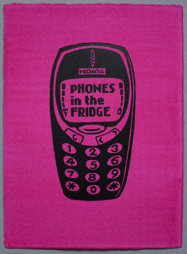 Phones in the Fridge Mobile Phone Lino Print Art PrintMaking Extinction Rebellion Miles Glyn Artist Activist ACAB Fuck the Police