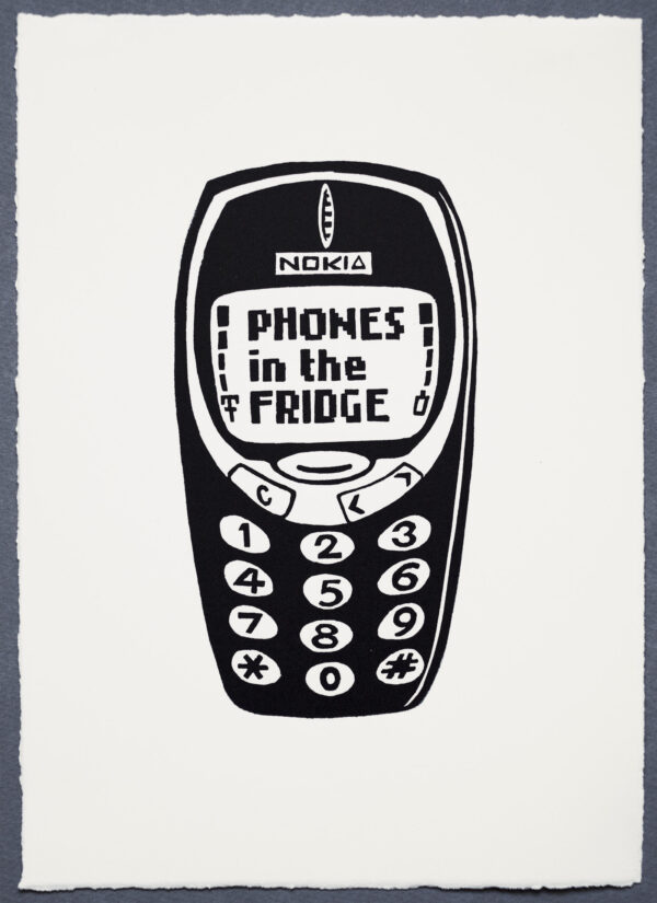 Phones in the Fridge Mobile Phone Lino Print Art PrintMaking Extinction Rebellion Miles Glyn Artist Activist ACAB Fuck the Police